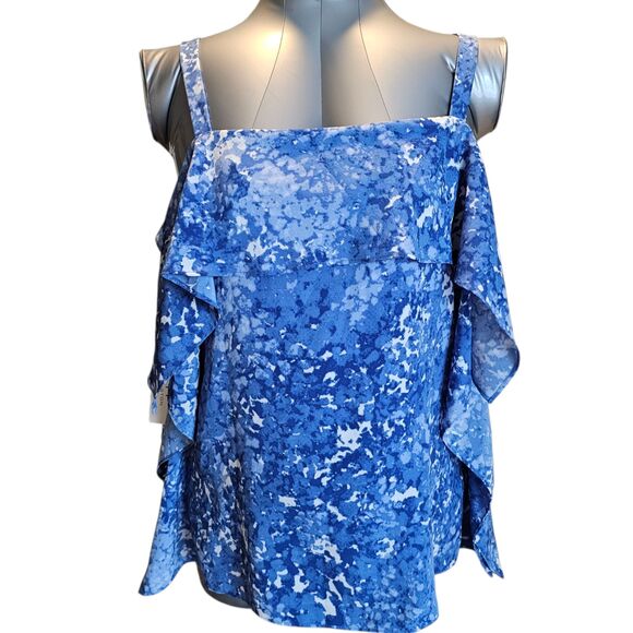 NWT Halston Cold Shoulder Hampton Beach Top Blue White Navy Floral Print Size M - Picture 1 of 7